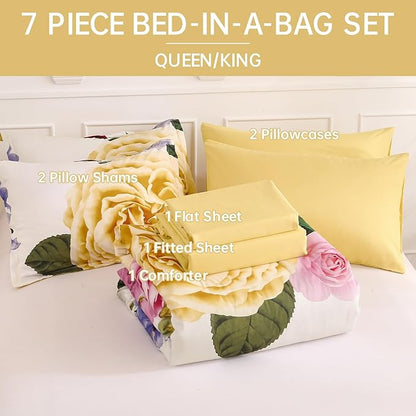 Drucon Yellow Floral Comforter King Size 7 Pieces Bedding Sets Bed in a Bag, Botanical Floral Comforter with Sheet Set, Soft Microfiber Bedding Set for All Season(Yellow, 104"x90")