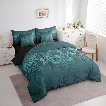 Erosebridal Gothic Damask Comforter Set 7 Piece Bed in a Bag Twin,Exotic Moth Bedding Sets Turquoise Victorian Floral Goth Sheet Set with Comforter