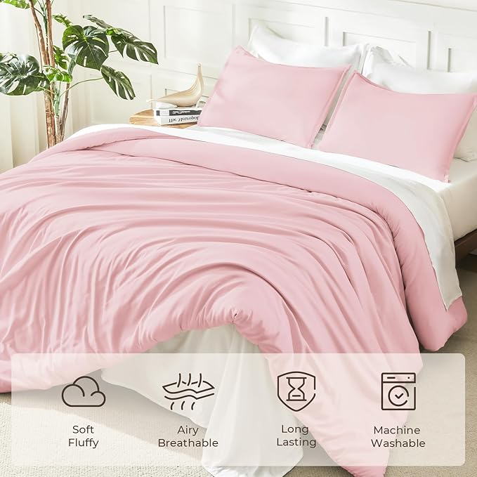 Litanika Comforters Pink Oversized King Size, 3 Pieces Lightweight Solid Bedding Set & Collections, All Season Fluffy Bed Set (120x98In Comforter & 2 Pillowcases)