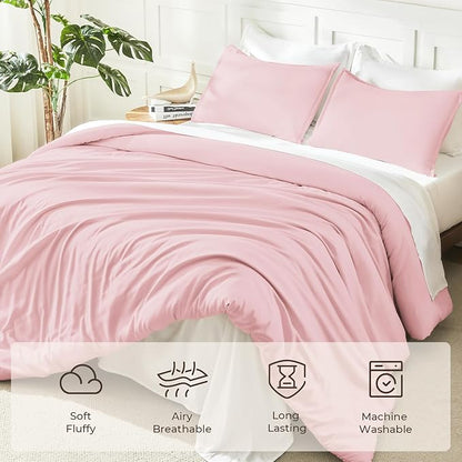 Litanika Pink Comforter Set Full Size, 3 Pieces Girls Women Cute Soft Solid Bedding Comforter Set, All Season Bed Set (79x90In Comforter & 2 Pillowcases)