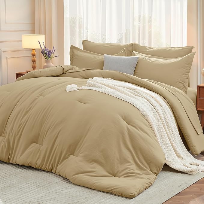 MUXHOMO 7 Pieces Full Comforter Set, Soft Bed in a Bag Full Size, All Season Bedding Set with Comforter, Flat Sheet, Fitted Sheet, Pillowcases & Shams, Khaki