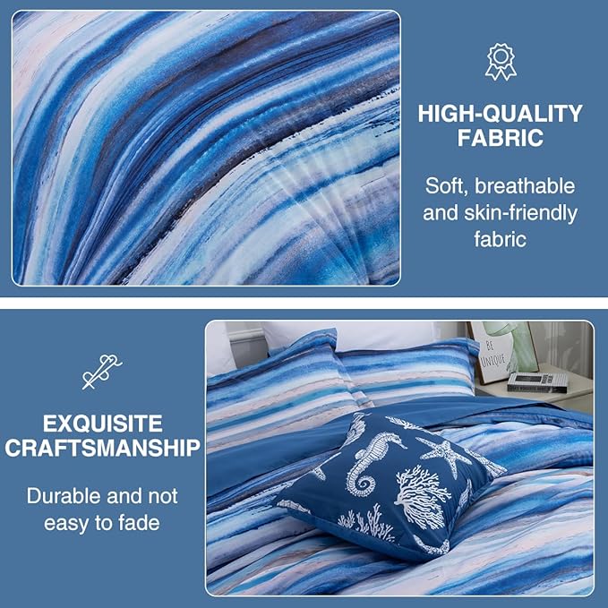 Holawakaka All-Season 6-Piece Nautical Bedding Set King – Complete Beach Stripe Comforter Set with Sheets & Shams