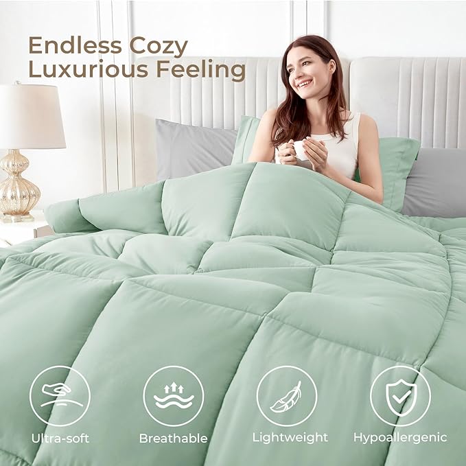 Sasttie Twin Comforter Set, 5 Pieces Reversible Bed in a Bag Twin, Complete Bedding Set Includes Comforter, Flat Sheet, Fitted Sheet, Pillowcase and Pillow Sham, Sage & Light Grey