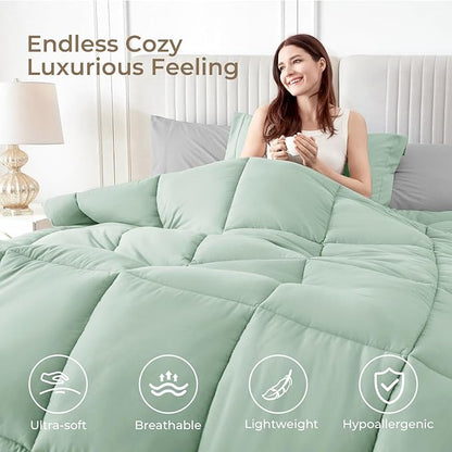 Sasttie Twin Comforter Set, 5 Pieces Reversible Bed in a Bag Twin, Complete Bedding Set Includes Comforter, Flat Sheet, Fitted Sheet, Pillowcase and Pillow Sham, Sage & Light Grey