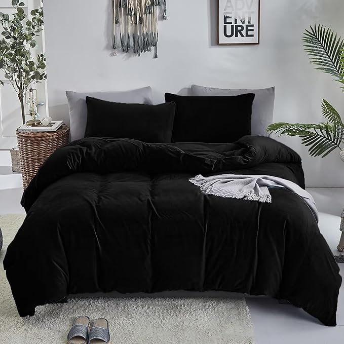 KAREVER Black Velvet Comforter Set - King Flannel Bedding Comforter Set 3 PCs Warm Soft Solid Black King Flannel Comforter Winter Blanket Set