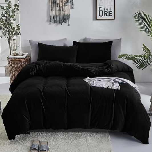 KAREVER Black Velvet Comforter Set - King Flannel Bedding Comforter Set 3 PCs Warm Soft Solid Black King Flannel Comforter Winter Blanket Set
