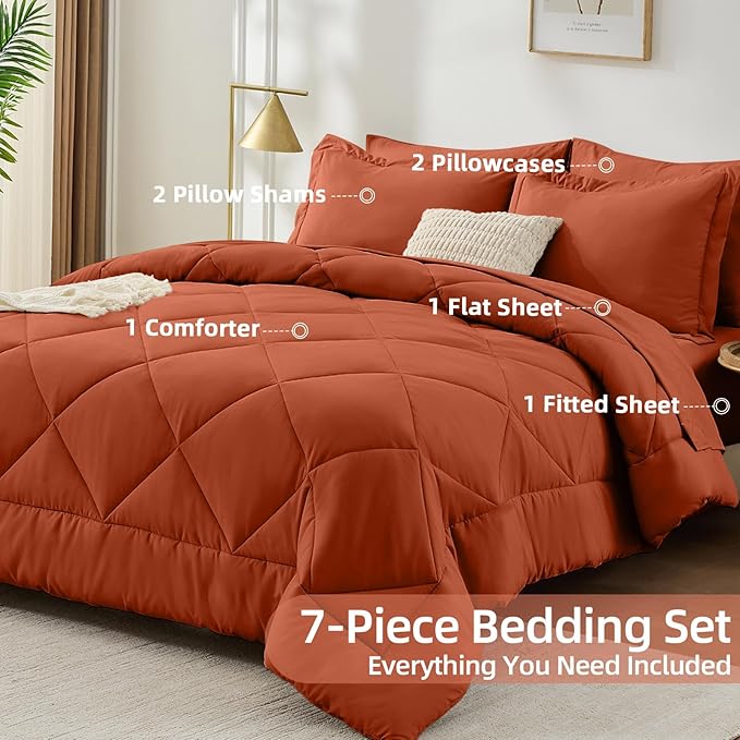 FUANNA 7 Pieces Queen Comforter Set, All Season Bed in a Bag Queen Size, Luxury Soft Bedding Sets with Comforter, Flat Sheet, Fitted Sheet, Pillowcases & Pillow Shams, Burnt Orange