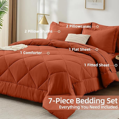 FUANNA 7 Pieces Full Size Comforter Sets, All Season Bedding Sets Full Size, Luxury Soft Bed in a Bag with Comforter, Flat Sheet, Fitted Sheet, Pillowcases & Pillow Shams, Burnt Orange