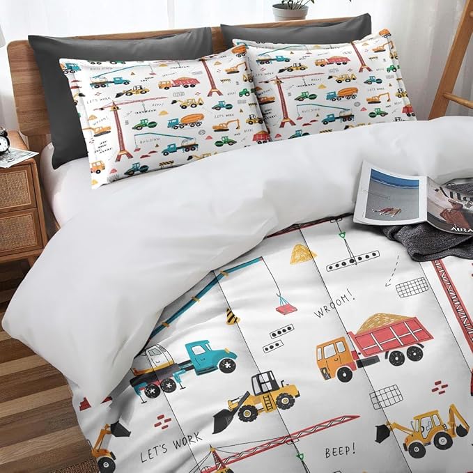 Construction Vehicle Car Comforter Set for Boys Kids Toddlers Teens Adults Full, City Truck Bedding Sets Water Washed Microfiber Bedding with 1 Comforter 2 Pillowcase All Season