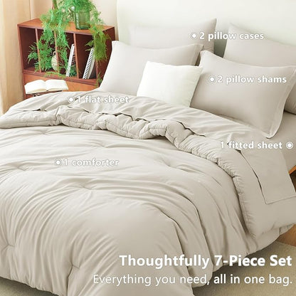 CozyLux Queen Comforter Set Beige, 7 Pieces Bed in a Bag Soft Bedding Comforter Set with Sheets, All Season Boho 7PC Bed Sets with Comforter, Fitted Sheets, Flat Sheets, Pillow Shams and Pillowcases