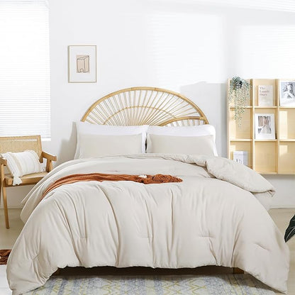 weigelia Beige Comforter Queen Size 3PCS Bed Comforter with 2 Pillowcases - Ligtweight Soft Solid All Season Queen Comforter Bed Set - Boho Aesthetic Bedding Set for Men and Women