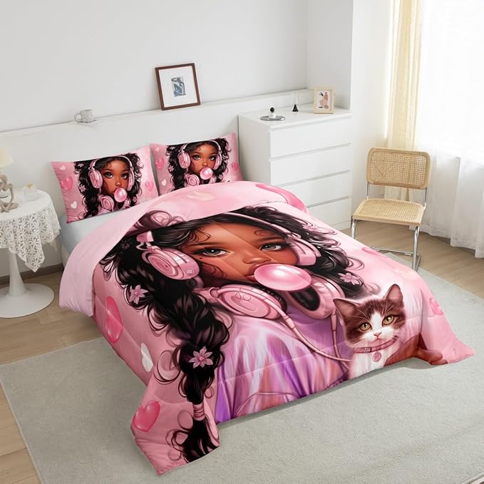 Black Skin Girl Kids Comforter Set Toddler Size,Loce Heart Cute Cat Animal Pet Bedding Set,Girls Women Room Decor,Afro American Theme Princess Down Comforter,Pink Dreamy Duvet Insert,1 Pillowcase