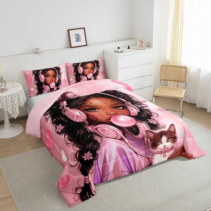 Black Skin Girl Kids Comforter Set King Size,Loce Heart Cute Cat Animal Pet Bedding Set,Girls Women Room Decor,Afro American Theme Princess Down Comforter,Pink Dreamy Duvet Insert,2 Pillowcases