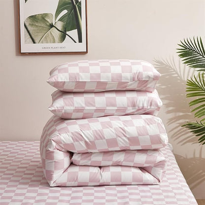 KAREVER Pink Grid Comforter Set Queen Pink Plaid Bedding Set Women Pink White Checkered Bed Blanket Set Girls Breathable Durable Bedding Comforter Set Queen