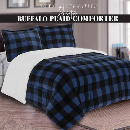 Elegant Comfort 3-Piece Buffalo Lodge-Plaid Comforter Set, Luxurious, Heavyweight, All Season, Down Alternative-Micromink Sherpa-Backing Reversible Micro-Suede, Soft and Plush, King, Blue