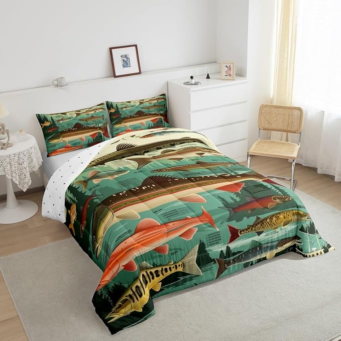 Erosebridal Fish Theme Toddler Bedding Set,Fishing Lake House Comforter Sets for Kids Boys Girls,Big Bass Pike Fish Quilt Bed Set,Rustic Cabin Farmhouse Bedroom Decor,1 Pillowcase Breathable