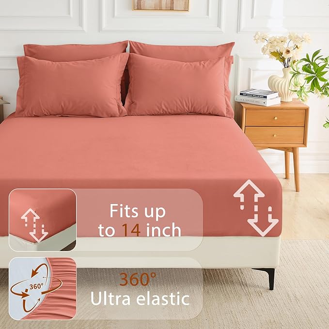 MUXHOMO 7 Pieces Full Comforter Set, Soft Bed in a Bag Full Size, All Season Bedding Set with Comforter, Flat Sheet, Fitted Sheet, Pillowcases & Shams, Coral Red