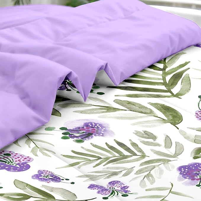 Comforter Set Queen Size, Floral Purple Sage Green 7 Pcs Bedding for Kids and Adults, Botanical Leaf Flower Bed Sheet Sets with Fitted Sheet 2 Pillowcases & 2 Shams for Bedroom Bed Decor