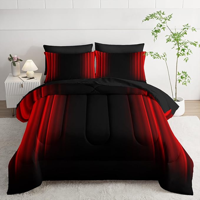 Red and Black Bedding Set Twin Size Abstract Ombre Comforter Set Bedding Set 7 Piece in A Bag,Dark Quilt Set Mordern Art Decor All Seasons with Pillowcases,Flat, Fitted Sheet