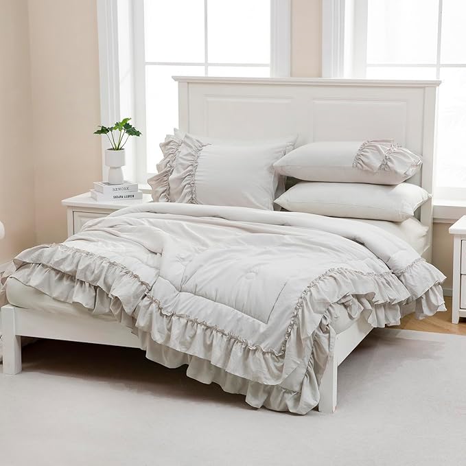 Beige Comfrter Set King Size Boho Bedding Set Shabby Chic 2 Layers Ruffles Bedroom Home Decor Ultra Soft Microfiber Farmhouse Down Comforter Bohemian Quilt Set for Girls Women