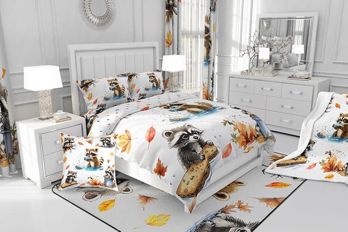 Fall Jungle Kids Comforter King,Kawaii Raccoon Animals Bedding Set for Girls Youth Bedroom Decor,Retro Autumn Fallen Leaves Reversible Quilt Sets,Cute Wildlife Bedding Comforter Set,Soft Fluffy