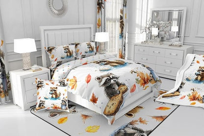 Fall Jungle Kids Comforter Twin,Kawaii Raccoon Animals Bedding Set for Girls Youth Bedroom Decor,Retro Autumn Fallen Leaves Reversible Quilt Sets,Cute Wildlife Bedding Comforter Set,Soft Fluffy