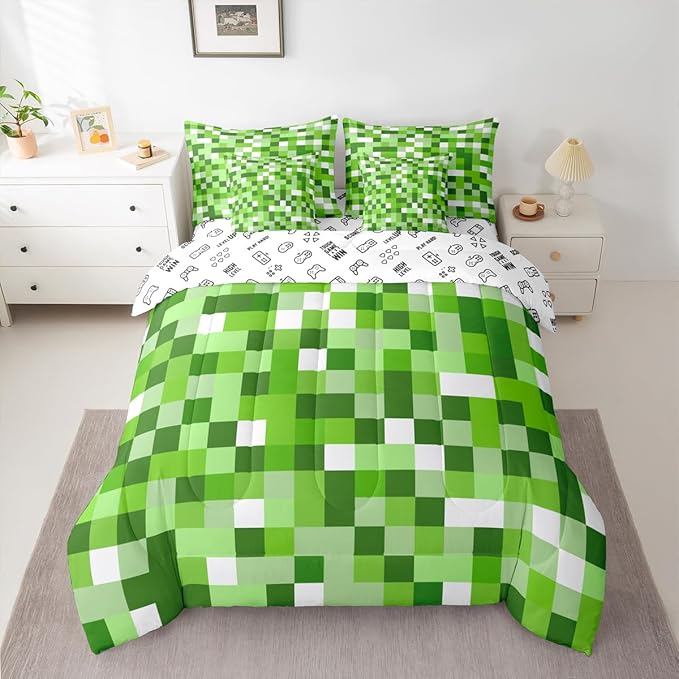 Castle Fairy Pixel Style Games 7 Piece Comforter & Sheet Sets King Size,Miner Theme Bedding Set Light Green Block Bed in a Bag Building Gaming Flat & Fitted Sheets,4 Pillow Covers
