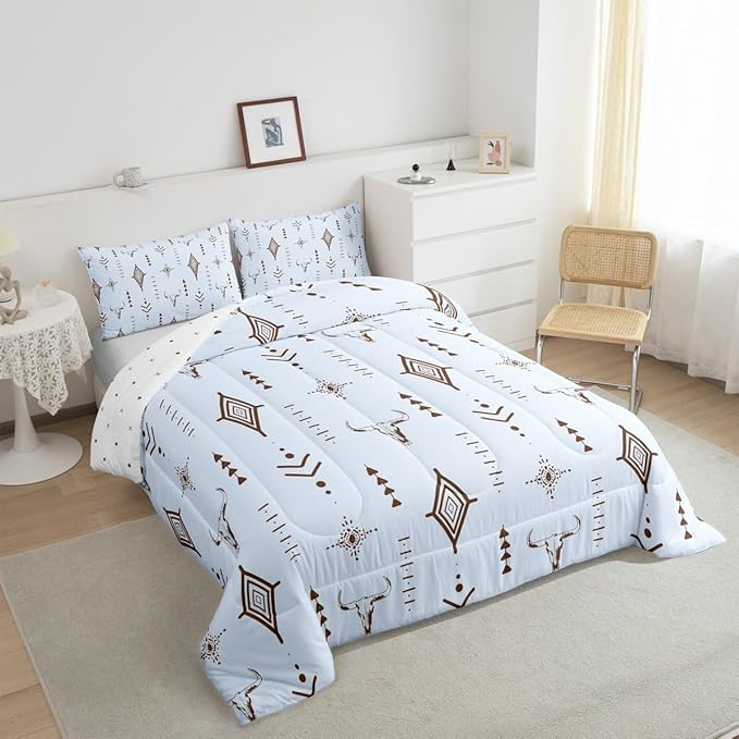 Feelyou Bull Skull Western Bedding Set Full Size Ethnic Horns Boho Comforter Kids Adult Tribal Symbol Mysterious Aztec Comforter Set Soft Microfiber