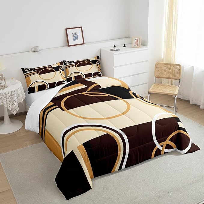 Erosebridal Modern Geometric Comforter Set Full Size Brown Black Stripes Down Comforter for Kids Adult Retro Circle Swirls Bedding Set Bedroom Decor Abstract Texture Color Art Comforter