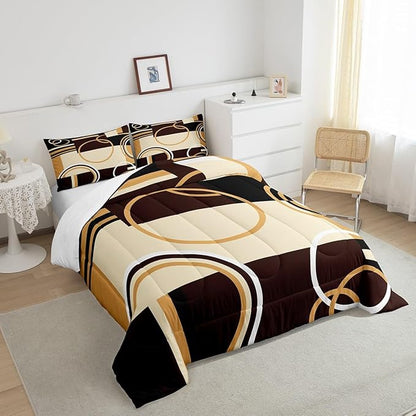 Erosebridal Modern Geometric Comforter Set Queen Size Brown Black Stripes Down Comforter for Kids Adult Retro Circle Swirls Bedding Set Bedroom Decor Abstract Texture Color Art Comforter