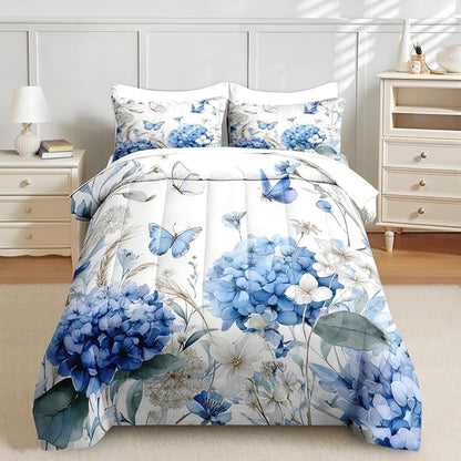 Nesker 5 Pcs Spring Comforter Set Twin Size, Blue Hydrangea Bedding Set for Kids and Adults, White Floral Bed Sheet Sets with Fitted Sheet Pillowcase & Sham