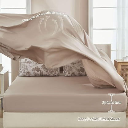 DJY Khaki Comforter Set Queen, 7 Pieces Bed in a Bag Queen Size Botanical Comforters with Sheets Elegant Plants Print Soft Microfiber Reversible Complete Bedding Sets for All Season