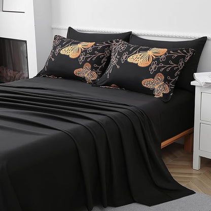 Yogeneg 7 Piece Bed in a Bag King Size Comforter Set Black Bedding Set,Gold Butterfly Leaves Printed on Black Reversible Design,Soft Microfiber Comforter with Sheet Set,All Season(Butterfly,King)