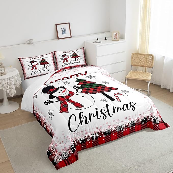 Snowman Christmas Tree Comforter Set Full Size,Geometric Black Red Plaid Quilt Set Winter Snowflake Print Bedding Set for Kids Boys Girls Adult Room Decor Happy New Year Duvet Insert 3Pcs