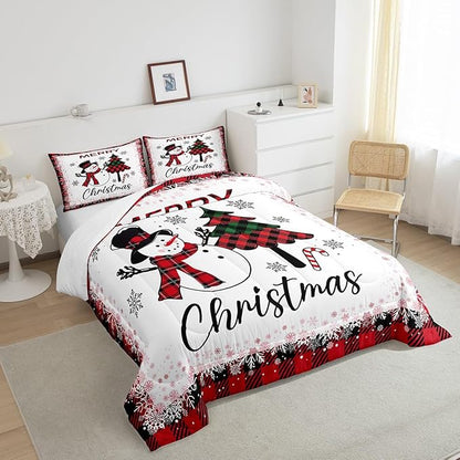 Snowman Christmas Tree Comforter Set Full Size,Geometric Black Red Plaid Quilt Set Winter Snowflake Print Bedding Set for Kids Boys Girls Adult Room Decor Happy New Year Duvet Insert 3Pcs
