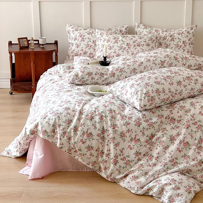 MKXI Queen Red Floral Comforter Set for Girls Botanical Bedding Comforter Red Flowers Print Vintage Farmhouse Bed Comforters