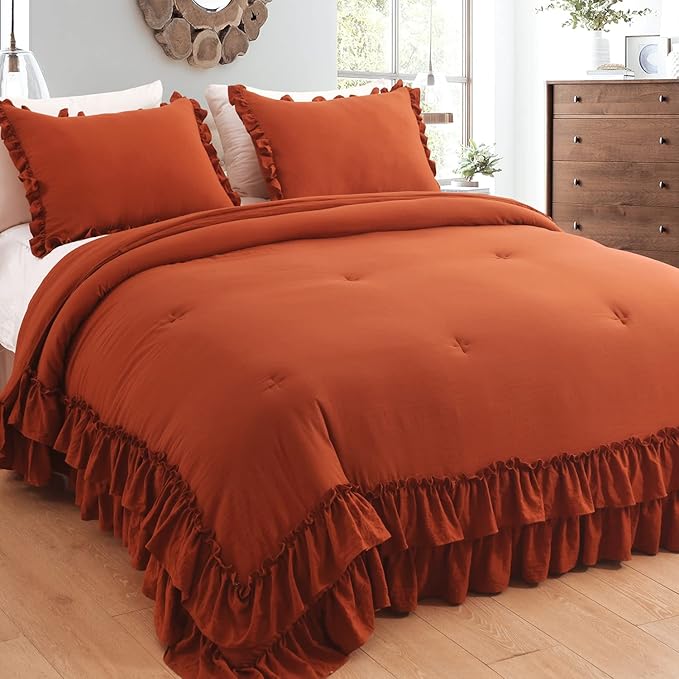 Masaca Ruffle Comforters Queen Size Set,Burnt Orange Shabby Boho Chic Comforter Farmhouse Terracotta Bedding Sets 3PCS（1 Ruffled Comforter and 2 Pillowcases）
