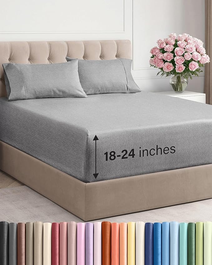 Extra Deep Twin XL Sheet Set - 4 Piece Breathable and Cooling Sheets - Hotel Luxury Bedding for Women, Men, Kids & Teens - Easy Secure Fit - Soft & Wrinkle Free - Extra Deep Pockets - Heathered Grey