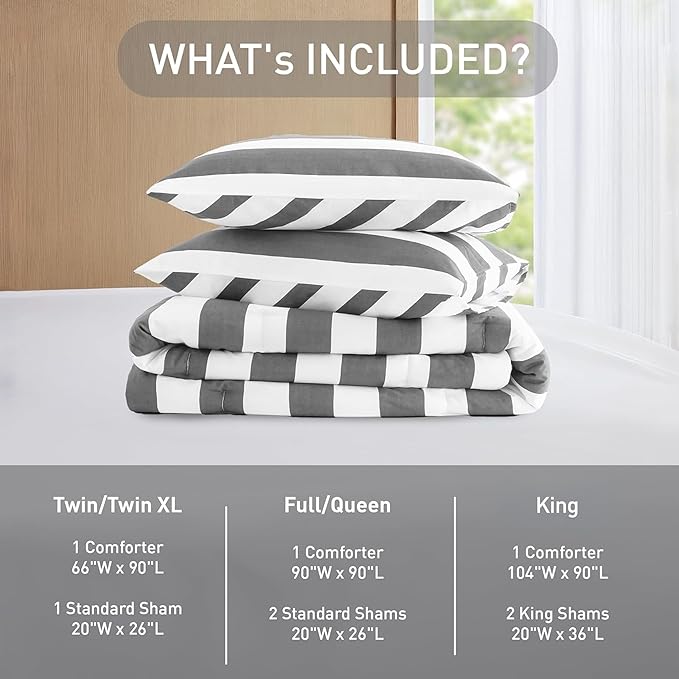 Reversible Striped Queen Comforter Set, Soft Microfiber Bedding Set with Double-Sided Stripes Design, Warm & Cozy for All-Seasons, 3-Piece Comforter and Shams Set Queen Size, Charcoal