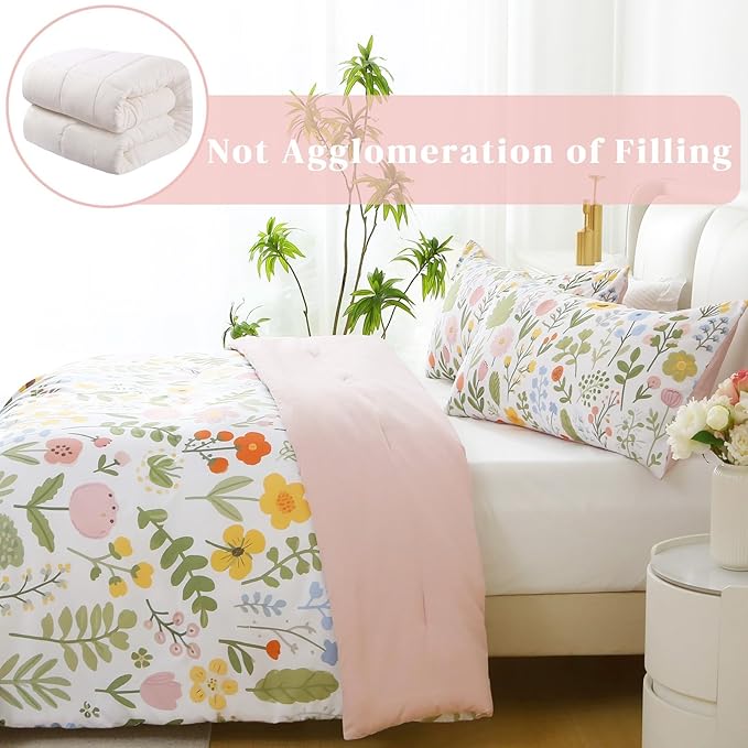 Queen Comforter Set Pink 3 Pieces Bed in a Bag, Colorful Floral Bedding Sets Elegant Botanical Bed Set, Lightweight Soft Comforter with 2 Pillowcases for All Season