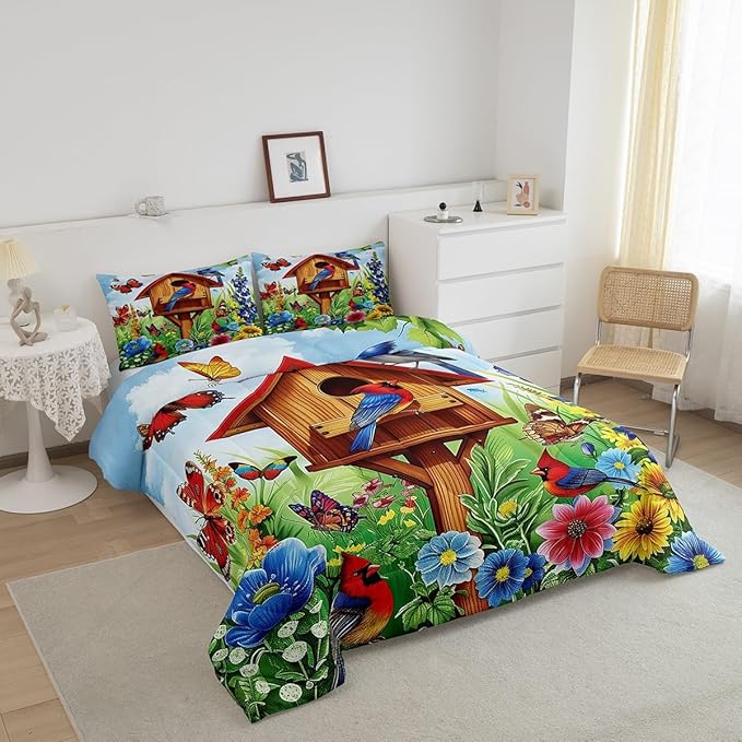 Erosebridal Cardinal Hummingbird Comforter Full,Spring Garden Style Floral Comforter Set Rustic Butterfly Botanical Flower Bedding Set Country Farmhouse Bed Set Pastoral Nature Home Decor