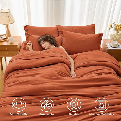 MUXHOMO 7 Pieces Full Comforter Set, Soft Bed in a Bag Full Size, All Season Bedding Set with Comforter, Flat Sheet, Fitted Sheet, Pillowcases & Shams, Burnt Orange