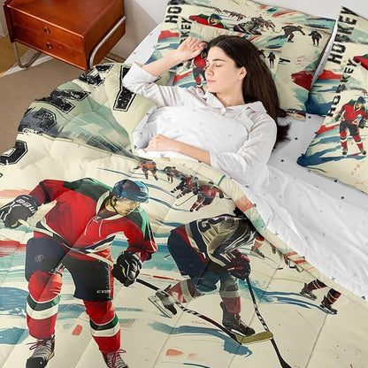Erosebridal Ice Hockey Bed in A Bag King | Competitive Games Athletic 7 Piece Comforter Set Sports Theme Puck Player Sheet Set Teamwork Sports Game Fitted Sheet Breathable Lightweight