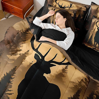 Erosebridal 7 Pieces Deer Silhouette Bedding Set Queen Size for Men - Woodland Hunting Deer Comforter Set with Sheets for Kids Boys Girls Rustic Farmhouse Cabin Bed in A Bag Brown Black Animal Decor