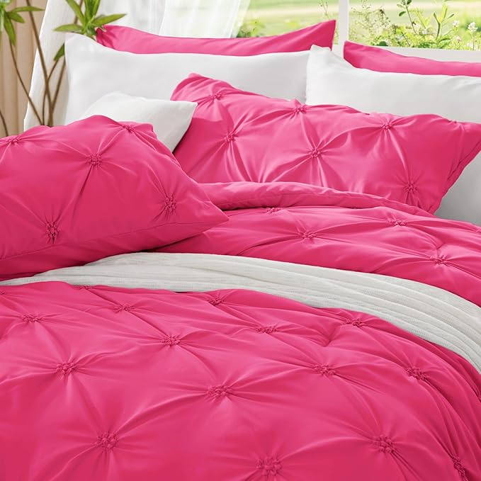 BEDELITE Hot Pink Twin Comforter Set - 2 Peices Boho Pintuck Bedding Comforter Sets, Lightweight Soft & Warm Twin Bedding Sets with 1 Pillowcase for All Season