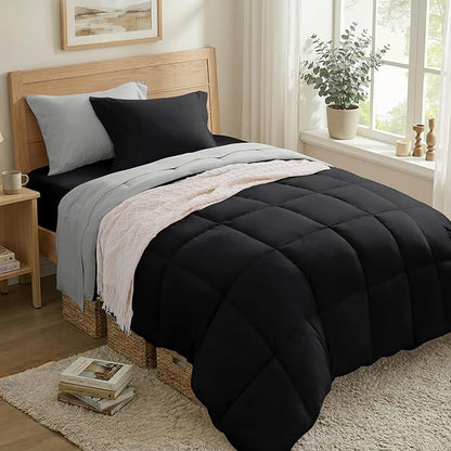 Anluoer Twin Size Bed in a Bag 5 Pieces, Black and Grey Bed Comforter Set with Sheets, All Season Bedding Sets with 1 Comforter, 1 Pillow Sham, 1 Pillowcase, 1 Flat Sheet, 1 Fitted Sheet