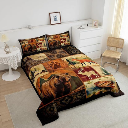 Feelyou Western Rustic Bear Comforter Set Toddler Western Rustic Cabin Bedding Forest Animal Comforter Elk Wildlife Hunting Down Bear Deer Patchwork Quilt Set Nordic Bedroom Decor