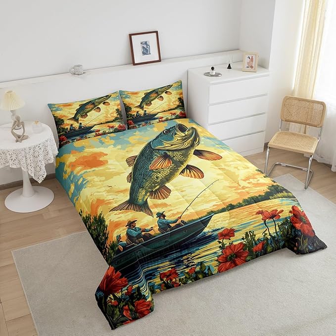 Erosebridal Bass Fishing King Comforter Set,Fisherman and Fish Bedding Sets for Kids Boys Men,Big Pike Fish Quilt Bed Set,Lake House Rustic Country Bedroom Decor,2 Pillowcases Breathable
