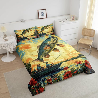 Erosebridal Bass Fishing King Comforter Set,Fisherman and Fish Bedding Sets for Kids Boys Men,Big Pike Fish Quilt Bed Set,Lake House Rustic Country Bedroom Decor,2 Pillowcases Breathable