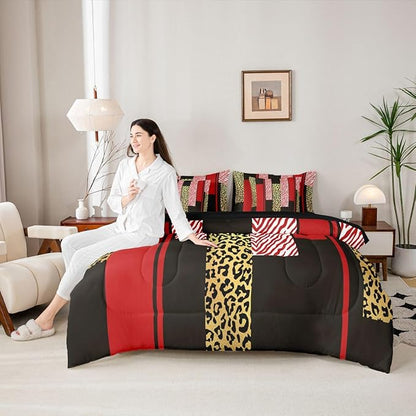 Erosebridal Leopard Print Stripes Girly Red Gold 7 Piece Bedding Set Twin | Fur Pattern Geometric Comforter Set with Sheets Women Men Adults Bed in A Bag Zebra Cheetah Wild Animal Skin Bed Sets